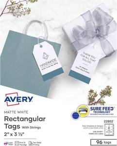 lot 23328 image: Avery Blank Printable Tags, Sure Feed Technology, 2 x 3.5, White, 96 Customizable Tags with String, Great for Branding, Gift Tags, Price Tags, and More (22802)