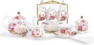 lot 23334 image: fanquare European Porcelain Coffee Set, Pink Women Tea Set, Bone China Tea Set, Vintage Floral Coffee Tea Pot with Cups