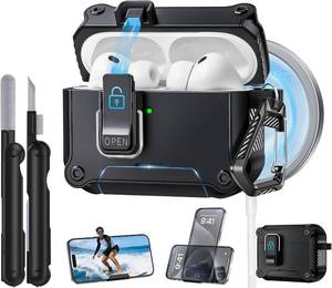 lot 23347 image: Dual Safety Lock for AirPods Pro 3 Case 2025, Compatible with MagSafe - Designed with Automatic Switch and Phone Stand, Includes a Cleaner & Keychain - Rugged Tough Hard Shell, Black