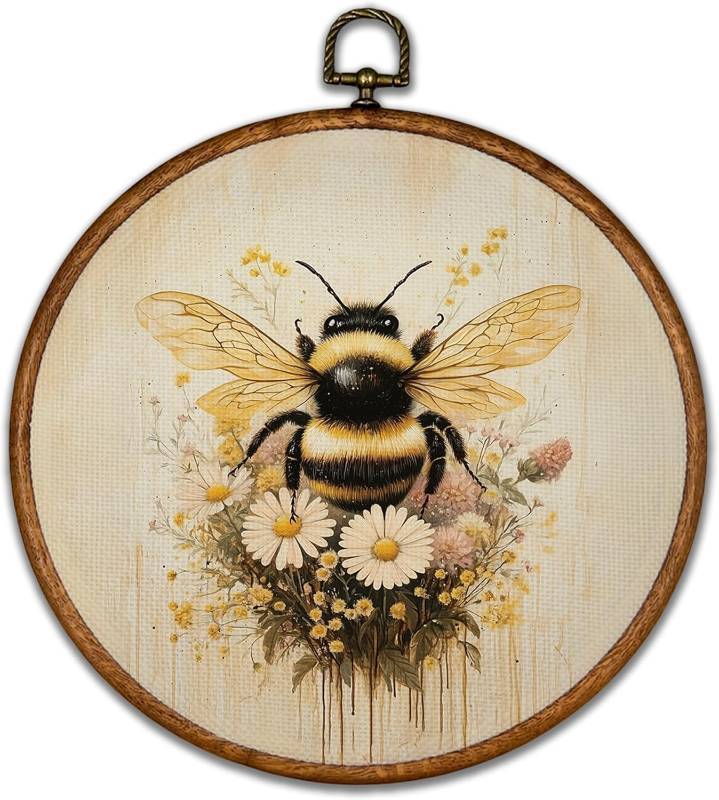 lot 1127 image: BCUANGD Vintage Bee Round Wall Art Decor - Retro Bumblebee Flower Wall Art Canvas Frame Artwork Prints, Neutral Cottagecore Wildflower Round Wall Hanging Decorations for Home Farmhouse, 10x10