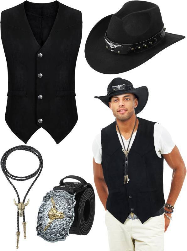 lot 1140 image: Cutecrop 4 Pcs Western Cowboy Outfits for Men Suede Leather Vest Hat Bolo Tie Belt for Western Halloween Cosplay