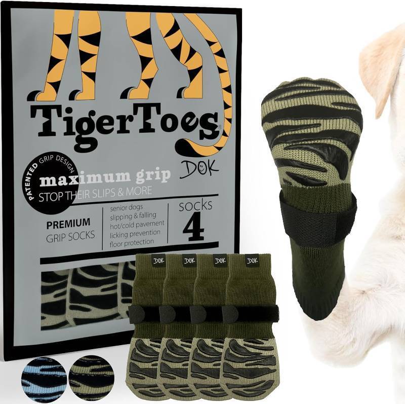 lot 1621 image: DOK TigerToes Premium Non-Slip Dog Socks for Hardwood Floors - Extra-Thick Grip that Works Even When Twisted - Prevents Licking, Slipping, and Great for Dog Paw Protection COLOR IS BROWN , Large)