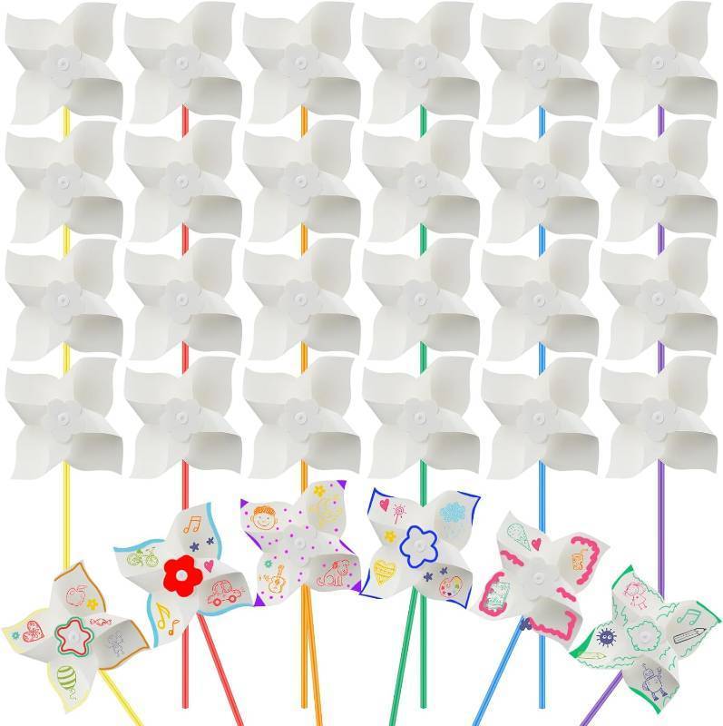 lot 1676 image: Poen 100 Pcs DIY Pinwheels for Kids Bulk, Color Your Own White Pinwheels Summer Activity Paper Craft Coloring Patriotic Blank Windmills VBS 4th of July Sunday School Party Favor Supplies, 5 Inches