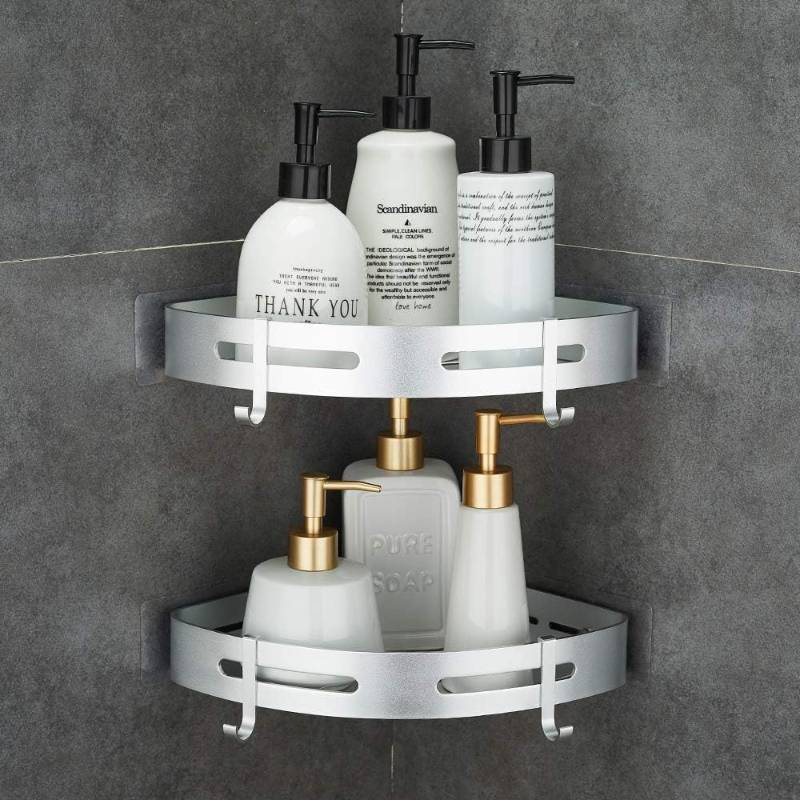 lot 1681 image: Corner Caddy Bathroom Shower Shelf Wall Mounted No Drilling 2 Tier Storage Shelves Adhesive Triangle Baskets Silver Bathroom Kitchen Storage Basket