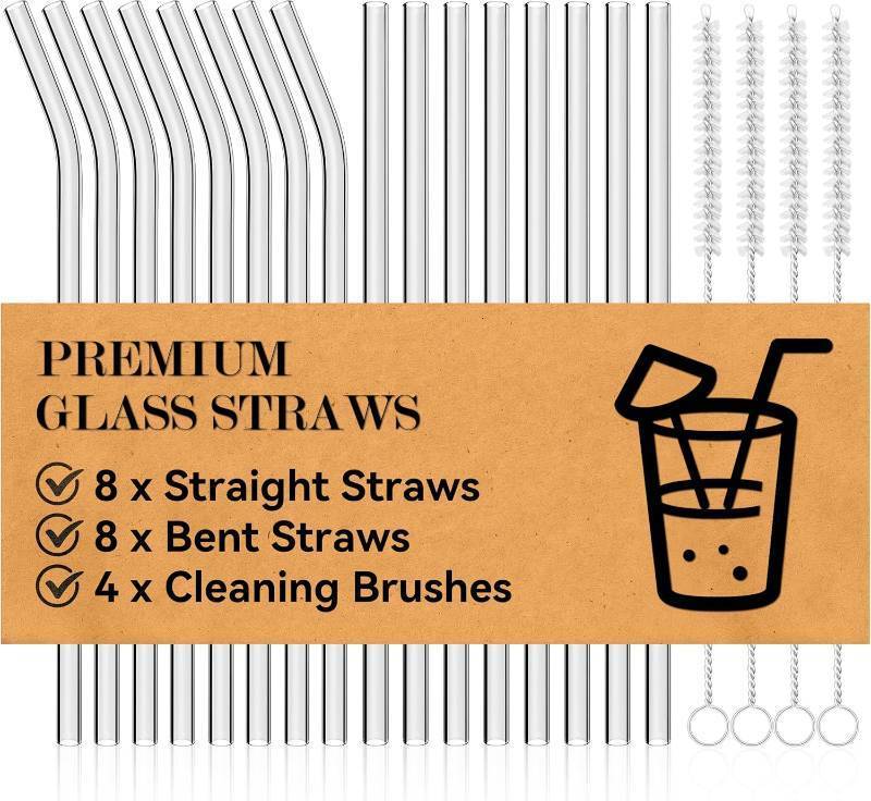 lot 1726 image: Foogwee  20 Packs Reusable Glass Straws Set, 8.5 x 10mm Clear Drinking Straws for Smoothies, Shakes, Coffee, Juice, Sodas, Milk, Tea, Cocktails, Set of 8 Straight and 8 Bent with 4 Cleaning Brushes