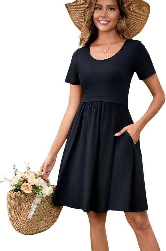lot 1764 image: Womens Nursing Dresses Breastfeeding Summer Comfortable Cotton Short Sleeve Breastfeeding Dress with Pockets Black Large