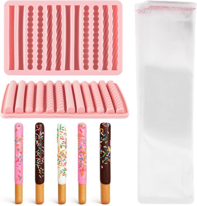 lot 1422 image: LemonRoad 102 Pcs Pretzel Rods Making Set 2 Pretzel Rods Molds 7.6 x 4.8 Inch and 100 Pcs 2x10 Inches Clear Self Sealing Cellophane Bag for Christmas Wedding Birthday Treat Party