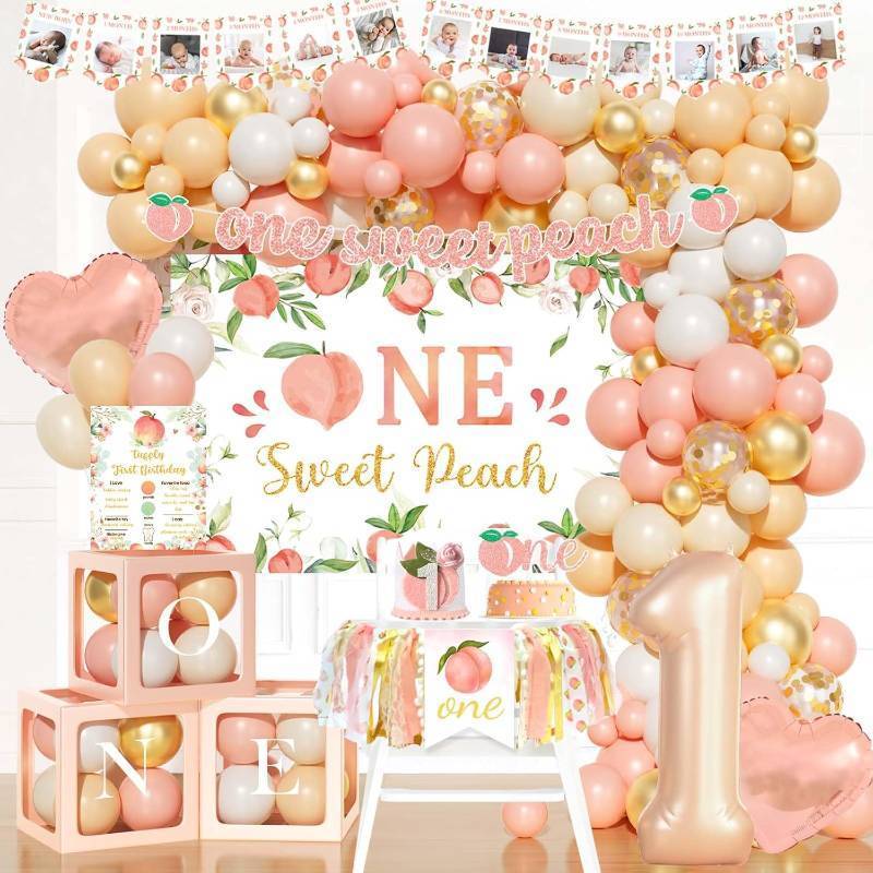 lot 1655 image: Costova One Sweet Peach Birthday Decorations, Peach 1st Birthday Decorations, Peach Themed Backdrop Balloon Banner Boxes Poster Crown for Girls Fruit Peachy First Birthday - Incomplete