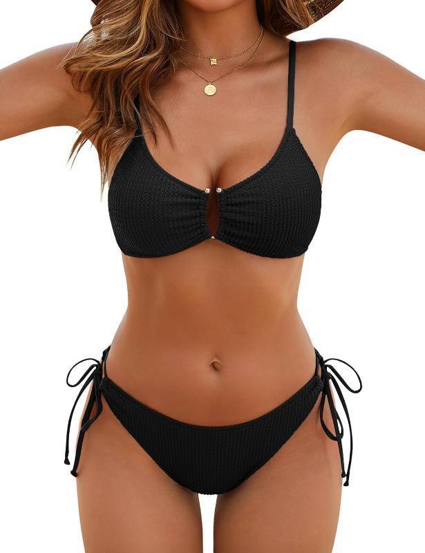 lot 1790 image: Blooming Jelly Womens 2 Piece Bikini Sets Cheeky High Cut Bathing Suit Color Block Textured U-Wire Swimsuits Size Small