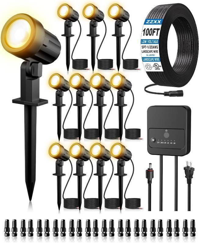 lot 17050 image: ZZXX All-in-One Low Voltage Landscape Lighting Kit, 12-Pack LED Landscape Lights with Transformer 100FT Wire and Connectors, 2700K Waterproof Landscape Spot Lights for Garden Yard House Tree