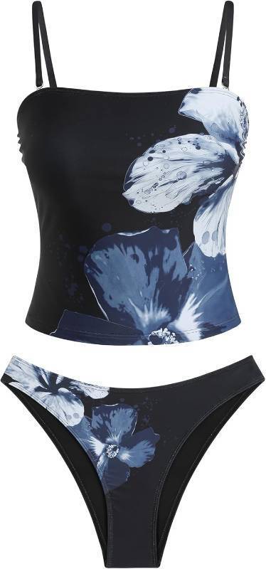 lot 17102 image: ZAFUL Womens Floral Tankini Swimsuits Bandeau Tummy Control High Cut Tankini Set Two Piece Bathing Suit, Size Small