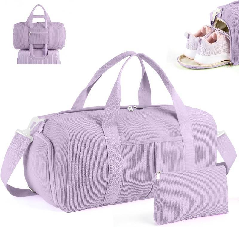 lot 17185 image: 2PCS Cute Gym Bag for Girls, Corduroy Duffle Bag with Wet Pocket & Shoe Compartment and item bag, Duffle Bag for Travel, Sports, Fitness & Workout
