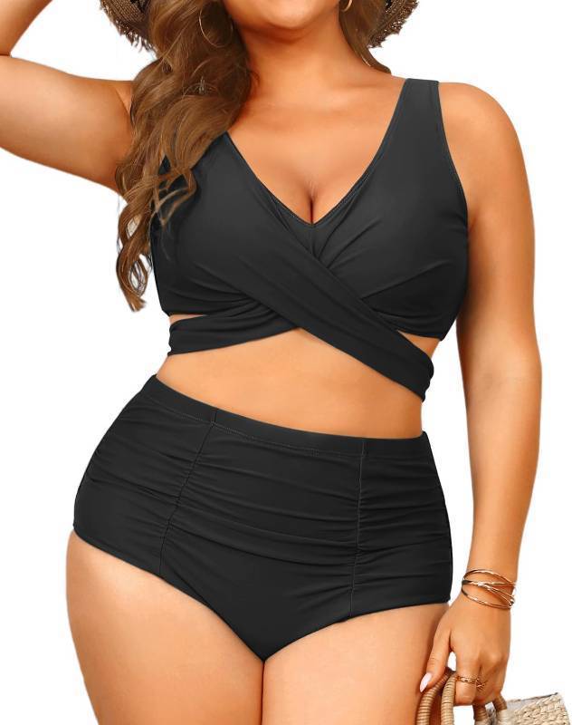 lot 17417 image: Women Plus Size High Waisted Bikini - Two Piece Swimsuit Tummy Control Bathing Suit Wrap Tie Back 2025 Swimwear Black 18W