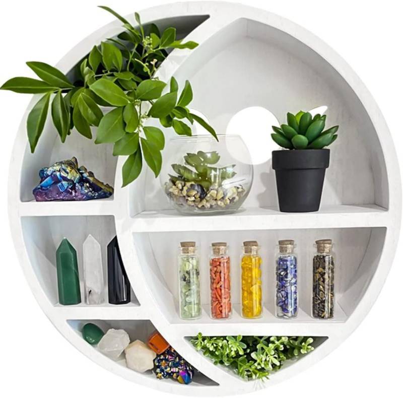 lot 17505 image: Ella & Emma 5-Shelf Pine Wooden Crescent Moon Crystal Shelf - Bohemian Style, Wall Mount, Bedroom, Living Room, Office