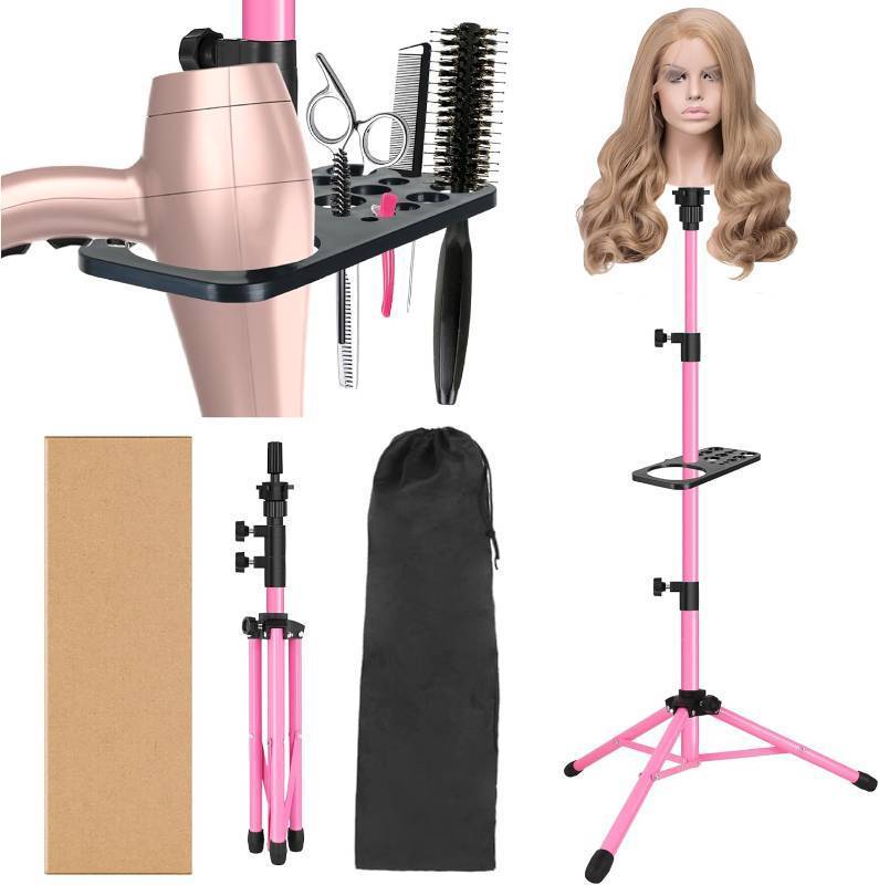 lot 17527 image: ZQIAN BEAUTY Wig Head Stand 50 Inch Metal Mannequin Head Stand for Hairdressing Training Head Adjustable Wig Stand Tripod with Tool Tray (Pink, Mannequin Head Not Included)