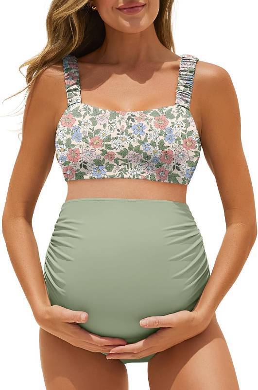 lot 17546 image: Summer Mae Ribbed Maternity Bikini Swimsuit for Women High Waisted Two-Piece Bathing Suit Crop Top Pregnancy Swimwear Size 16