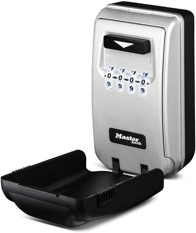 lot 17576 image: Master Lock 5425D Set Your Own Combination Wall Mount Lock Box with Light Up Dials, 6 Key Capacity, Black