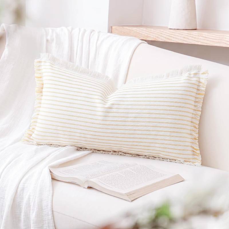 lot 17593 image: PANOD Decorative Boho Long Lumbar Pillow Cover 14x22,Super Soft Cotton Modern Long Rectangle Pillow Cover Pillow Case for Bed Sofa Couch Farmhouse Livingroom,Yellow