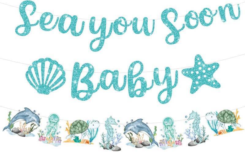 lot 17243 image: Sea You Soon Baby Banners Under The Sea Baby Shower Garlands for Boy Girl Blue Ocean Themed Decorations Supplies for Pregnancy Celebration Newborn Party Gender Reveal Party Birthday