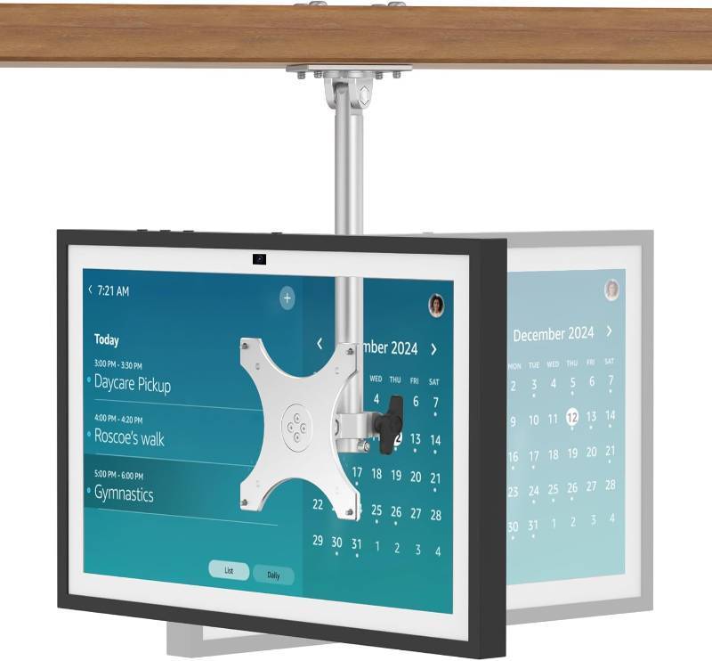 lot 17269 image: Almoz Under Cabinet Mount for Echo Show 15, Height Adjustable Stand, Wide Range of Motion, Keeps Counters Clear, Tilt and Swivel Mount for All Show 15 Generations, Also Fits Show 21 (Height-Silver)