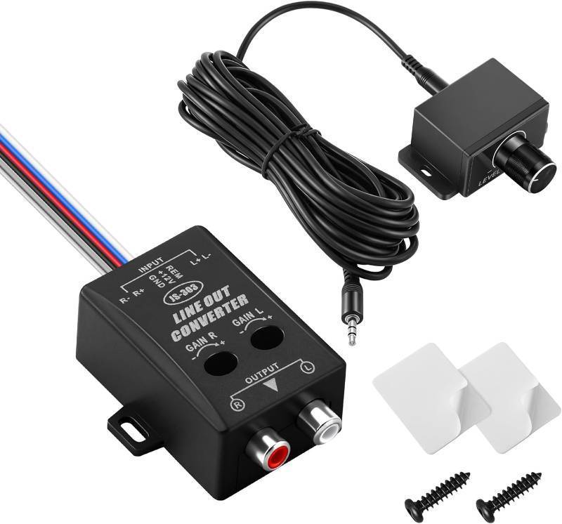 lot 17275 image: Car Audio Line Output Converter, Includes 3.5mm Jack Port Universal Bass Knob & 2 Channel High to Low Audio Signal Adapter for Adding Amplifier or Subwoofer to Factory Stereo