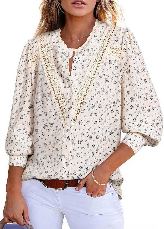 lot 38760 image: Astylish Womens Lace Crochet Patchwork Floral Long Sleeve Button Down Blouse Size Medium