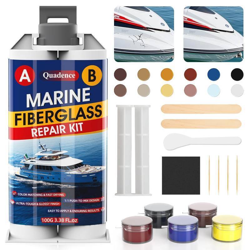 lot 40203 image: Marine Fiberglass Repair Kit for Boats, Quadence Gel Coat Repair kit for Boats, Fiberglass Repair Kit, Waterproof Epoxy Filler for Kayaks Sailboats Fix Holes, Chips, Deep Cracks, Scratches-Color Match
