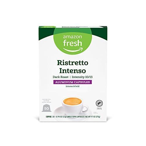 lot 5480 image: Amazon Fresh Ristretto Intenso Dark Roast Aluminum Capsules, Compatible with Nespresso Original Brewers, Intensity 1013, 50 Count (5 Packs of 10)