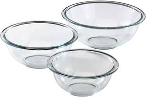 lot 22075 image: Pyrex Essentials (3-Piece) Glass Mixing Bowls Set For Prepping, Baking and Cooking, Preheated Oven, Dishwasher, Freezer, and Microwave Safe
