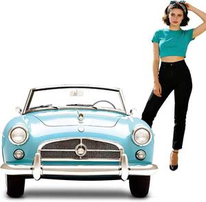 lot 22078 image: 50s 1950 Blue Car Cardboard Cutout, 2.7 x 2 ft Large Retro Convertible Photo Prop, 1950s Theme Party Decoration, Rock and Roll Life-Size Stand Up Backdrop for Sock Hop Birthday Party Supply