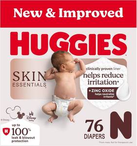 lot 22079 image: Huggies Size Newborn Diapers, Skin Essentials Baby Diapers, Size Newborn (6-9 lbs), 76 Count, Packaging May Vary