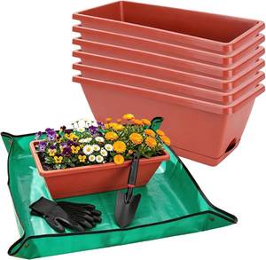 lot 22082 image: 7 Pack Window Box Planters, 17 Inch Plastic Rectangular Flower Pots for IndoorOutdoor Plants, Herbs, Vegetables, Includes Trowel, Waterproof Mat & Gloves (Brick-red)