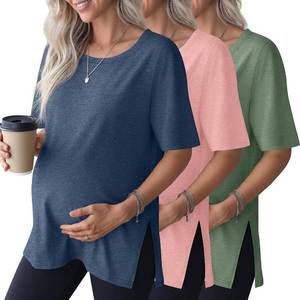 lot 22085 image: 3 Pack Womens Maternity Shirts Short Sleeve Round Neck Side Split Pregnancy Tops Loose Summer Casual Mama Clothes SIZE L