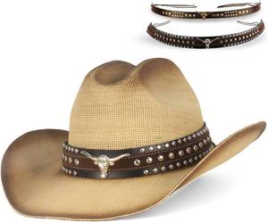 lot 22980 image: Cowboy Hat for Men & Women - Western Sun Hat with 2 Interchangeable Bands, Wide Brim Outdoor Ranch Hat