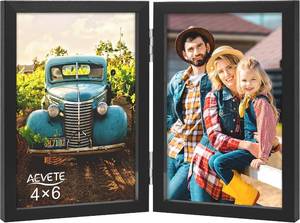 lot 22994 image: AEVETE 4x6 Picture Frames Double Hinged Wood Folding Photo Frames Vertical with Plexiglass Front, Black