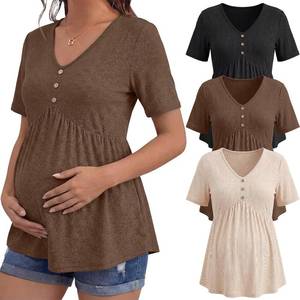 lot 22995 image: Cutecrop 3 Pack Maternity Tunic Shirts for Women Short Sleeve Ribbed Tunic Tops Casual Summer V Neck Flowy Pregnancy Tops SIZE M