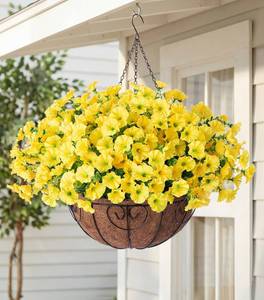 lot 22999 image: Artificial Fake Hanging Flowers Plants Baskets for Spring Outdoors Decor, Faux Silk Morning Glory in Planter UV Resistant Realistic Outside Flowers for Outdoor Porch Patio Balcony Yard Home, Yellow