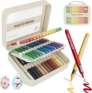 lot 23003 image: MemOffice Direct Liquid Acrylic Paint Markers, 48 Colors Brush Tip Pens with Carrying Case, No Bleed, Waterproof, for Rock, Wood, Canvas, Glass, Fabric, DIY Crafts for Adults