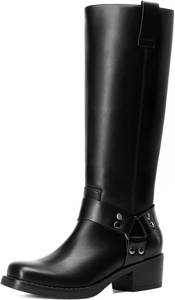 lot 23038 image: DREAM PAIRS Womens Knee High Boots Motorcycle Riding Pull-on Fashion Long Square Toe Buckle Biker Boots for Women SIZE 7 12