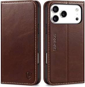 lot 23044 image: SHIELDON Genuine Leather Case for iPhone 17 Pro Max 6.9 2025  Folio Wallet  Magnetic Closure  Kickstand  RFID Blocking 3 Card Slots  Shock-Absorbent Phone Cover  Retro Coffee