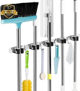 lot 23050 image: AceMining 5 Racks and 4 Hooks Mop and Broom Holder Wall Mount, Broom Organizer Storage Tool Racks Stainless Steel Heavy Duty Hooks Self Adhesive Solid Non-slip for Home Kitchen Garden Laundry Garage