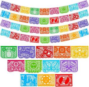 lot 23062 image: JOYIN Cinco de Mayo Plastic Papel Picado Banner(4 pack with 8 Multicolor Plastic Flags per Banner), Mexican Party Banners for Fiesta Party Decorations, Dia Muertos Decor, Day of the Dead Decorations, Taco Tuesday Event