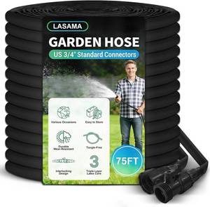 lot 23115 image: 75FT Garden Hose, Lightweight Water Hose, 34 Connectors Lawn Hose for Outdoor, Outside Hose for Yard Backyard, Collapsible & Car Wash Watering