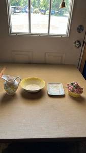 lot 26 image: Floral Ceramic Collection - Pitcher, Bowl, Trinket Dishes & Rose Basket