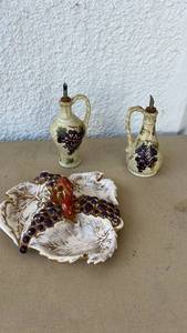 lot 38 image: Ceramic Grape Motif Oil Cruet Set with Decorative Leaf Dish