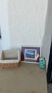 lot 43 image: Wicker Storage Basket with Canvas Liner - Stuff Label bathroom, art and bowl mason jar with teal balls in it ��