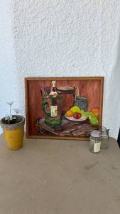 lot 44 image: Still Life Oil Painting with Fruit and Bottle in Wood Frame with yellow vase and two glass jars
