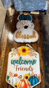 lot 48 image: Fall Harvest Door Hanger Set - Blessed Pumpkin Stack and Welcome Friends Signs
