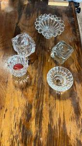 lot 52 image: Clear Pressed Glass Candle Holders Set of 5