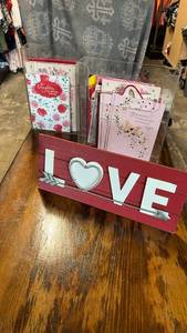 lot 56 image: LOVE Wood Sign with Heart Photo Frame and Greeting Card Set with acrylic holder for cards